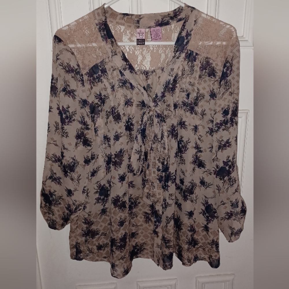 Love On A Hanger Floral Print Tie Top XLarge Mauve Blue Romantic Blouse